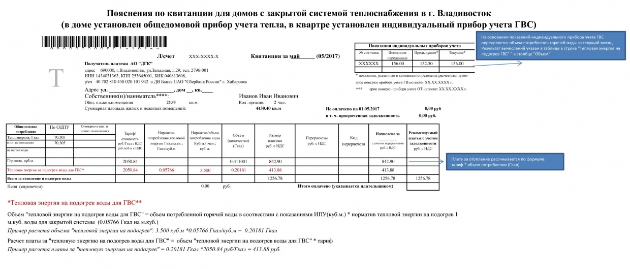 Квитанция за отопление и горячую воду образец