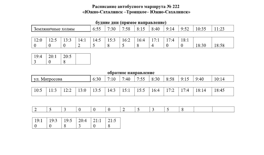 Расписание 117 автобуса мамоново сегодня. Расписание автобусов 222 Южно-Сахалинск Троицкое.